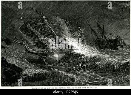 Distruzione di navi Armada spagnola costa irlandese 1588 invincibile tempesta marina Battaglia navale della flotta di acqua di mare Vela Vela seminare marine na Foto Stock