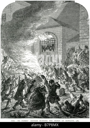 No Popery rivoltosi Burning prigione Newgate 1780 celebrazioni civili della ribellione arrabbiato fire edificio protesta la Gordon tumulti rife Foto Stock