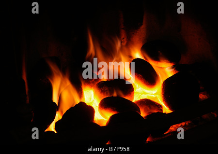 Non fumogeno bruciando carbone in una griglia di un nazionale home in una zona senza fumo durante la stagione fredda. Foto Stock