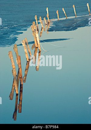 I poli in un porto perfetto di colata riflessioni sull'acqua ancora Foto Stock