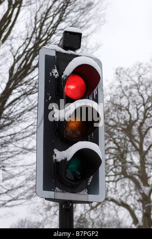 Semaforo rosso coperto di neve Foto Stock