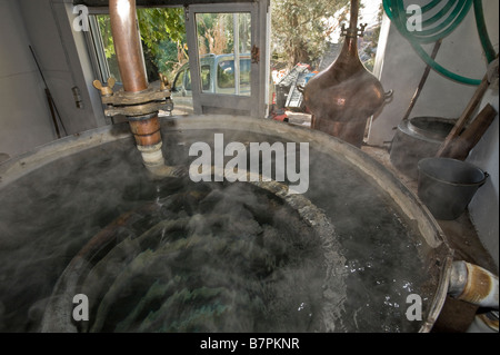 Souma (tsipouro) Distillazione in Grecia Foto Stock