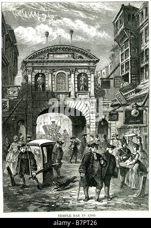 Temple Bar 1700 porter carrello street archway persone trasporto tradizionale abbigliamento città di Temple Bar è la barriera (reale o Foto Stock