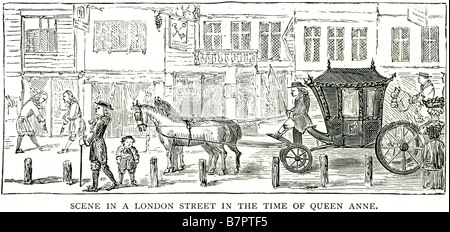 Scena London Street tempo Queen Anne Carrello cavallo Inghilterra UK GB Gran Bretagna Anne (6 febbraio 1665 - 1 agosto 1714) divenne Que Foto Stock