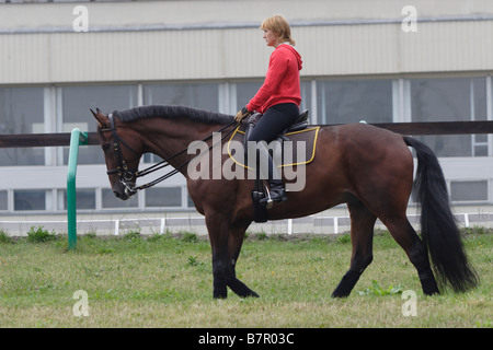 Una giovane ragazza cavalcare il suo cavallo a un evento equestre Foto Stock