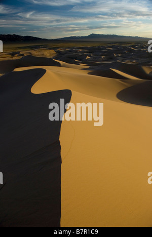 Khongoryn Els dune (il canto sands) aumento 200m sopra le steppe e scrub rocciose del deserto del Gobi Foto Stock