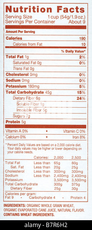 Fatti di nutrizione etichetta da una scatola di autunno CEREALI Frumento fatta da Kashi. Foto Stock