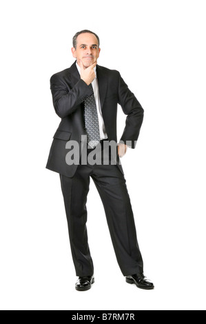 Pensando imprenditore in un vestito isolati su sfondo bianco Foto Stock
