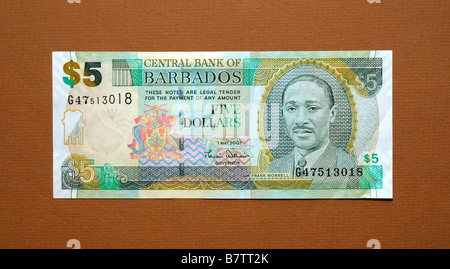 Barbados 5 di Cinque Dollari nota banca Foto Stock