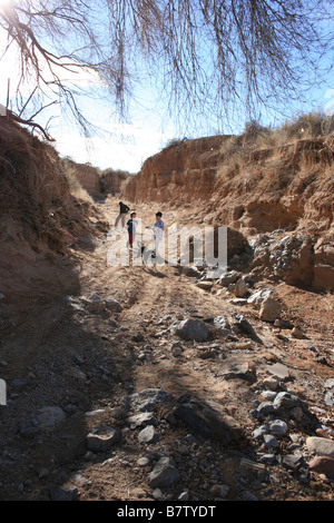 I bambini alla ricerca di fossili in una fossa di Arroyo di Albuquerque, Nuovo Messico, STATI UNITI D'AMERICA Foto Stock