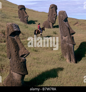 Ranu Raraku Moais & Rider Foto Stock