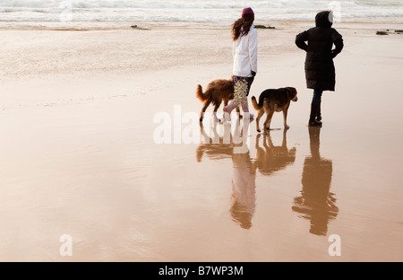 Due amici a piedi i loro cani sulla spiaggia Bolonia Spagna Foto Stock