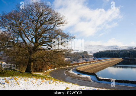 Vista invernale della strada tra Errwood diga sul serbatoio Errwood nel Goyt Valley nel Peak District nel Derbyshire Foto Stock