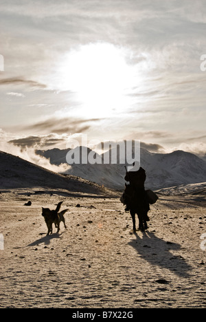 Il mongolo uomo a cavallo Altai Tavan Bogd Parco Nazionale di Mongolia Foto Stock