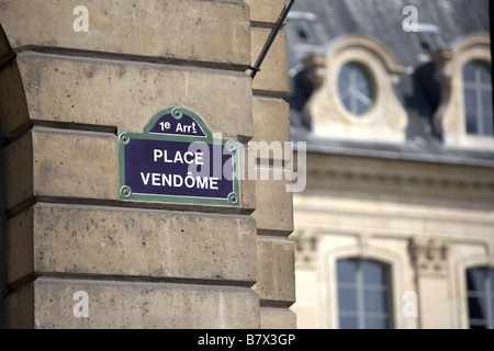 Strada segno, Place Vendome, Parigi, Francia Foto Stock