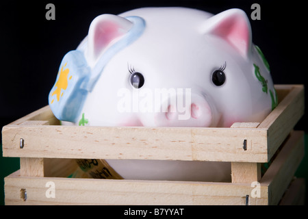 La fase dell'economia. Rosa piggybank all'interno di un recinto di legno su sfondo nero. Foto Stock