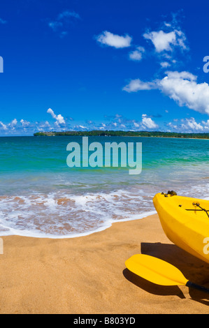 I kayak e pagaia sulla spiaggia su Hanalei Bay Isola di Kauai Hawaii Foto Stock