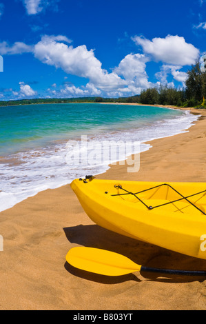 I kayak e pagaia sulla spiaggia su Hanalei Bay Isola di Kauai Hawaii Foto Stock