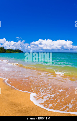 Spiaggia vuota e acque blu su Hanalei Bay Isola di Kauai Hawaii Foto Stock