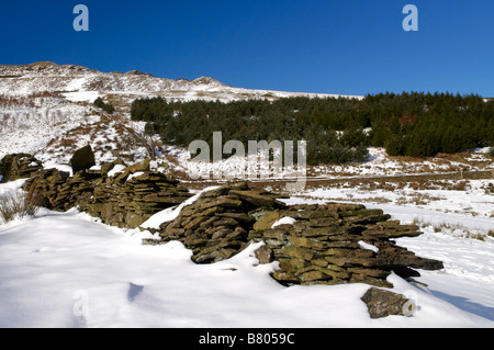 Veduta invernale di una pietra a secco a parete serbatoio Cowm, Whitworth, Rossendale, England, Regno Unito Foto Stock