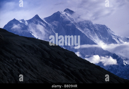 Vista ravvicinata del Rakaposhi snowclad vertice da Hunza Karimabad aree del Nord del Pakistan Foto Stock
