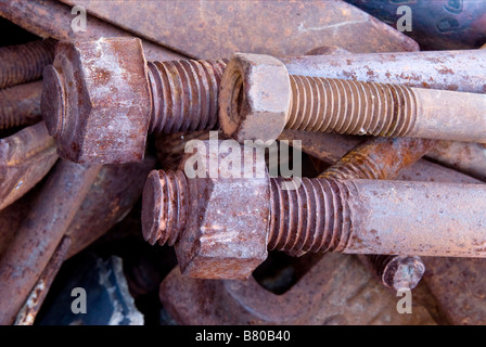 Tre vecchie viti arrugginite in un contenitore per il riciclaggio Foto Stock