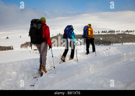 Paesaggio di neve scozzese con tre persone che sciano. Sciatori maschili e femminili dopo la nevicata, Braemar, Cairngorms National Park, Highlands, Scozia, Regno Unito Foto Stock