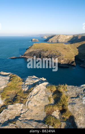 Guardando verso il Barras naso e le sorelle dalla testa di Tintagel, Cornwall Regno Unito Foto Stock