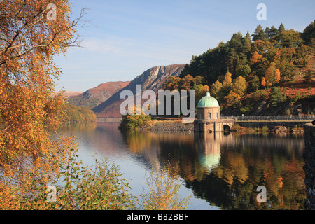 Vista attraverso foglie autunnali a Garreg Ddu diga del serbatoio e la Torre Foel, Elan valley, Elan, vicino Rhayader, mid-Wales, Regno Unito Foto Stock