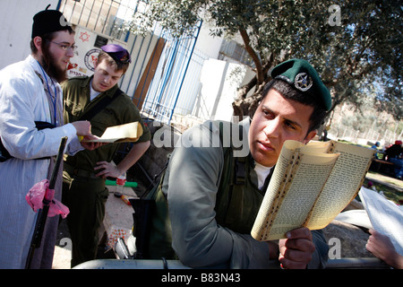 Poliziotto israeliano la lettura di un religioso ebraico il testo durante la festa di Purim celebrazioni nella West Bank città di Hebron. Foto Stock