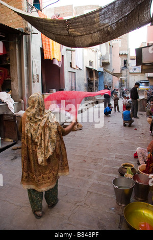 Donne tintura di tessuti Bikaner Rajasthan in India Foto Stock