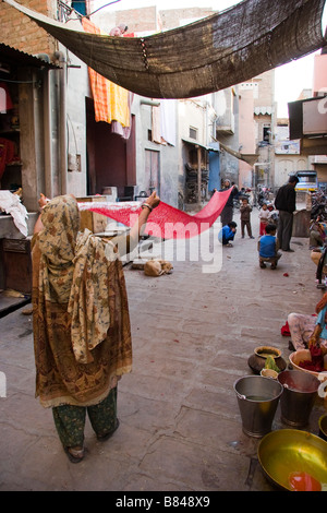 Donne tintura di tessuti Bikaner Rajasthan in India Foto Stock