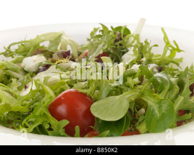 Fresco e salutare Insalata mista con formaggio Feta servita su una piastra isolata contro uno sfondo bianco con nessun popolo e un tracciato di ritaglio Foto Stock