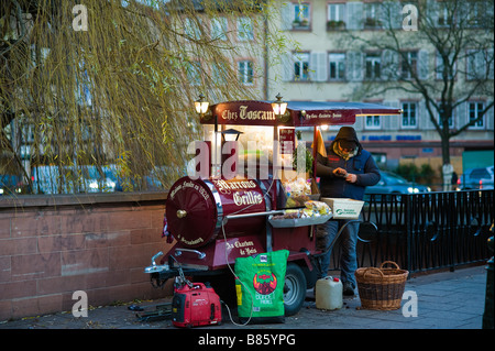 Arrosto di Chestnut Street venditore, Strasburgo, Alsazia, Francia, Europa Foto Stock