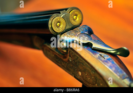 Close up di calibro 20 affiancati fucile da caccia Foto Stock