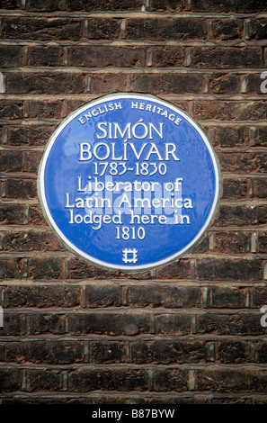 Un blu una lapide commemorativa a Simon Bolivar, liberatore dell America Latina, in Marylebone, London. Gen 2009 Foto Stock