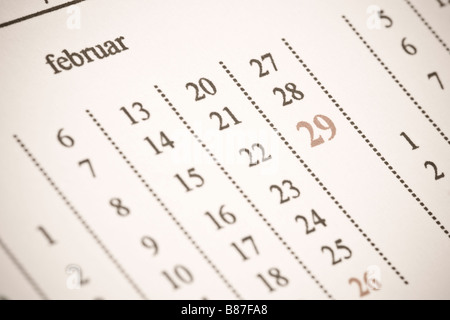 Calendario con 29 febbraio di un qualsiasi anno Foto Stock