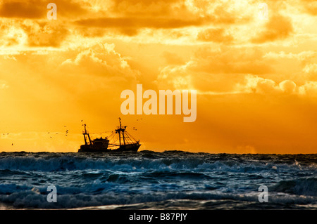 La nave da pesca in mare con il tramonto del sole nei Paesi Bassi Foto Stock