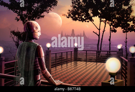 Un robot prende in una visione futuristica in questa illustrazione di fantasia. Foto Stock