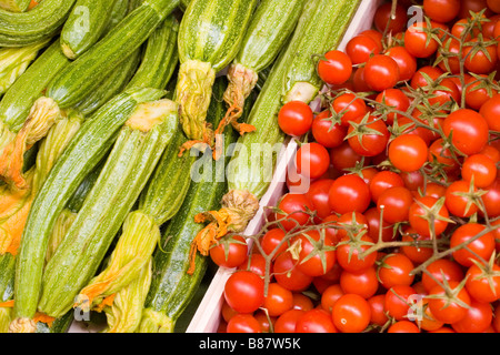 Campi da Squash e pomodori ciliegia per la vendita di frutta e verdura stand in Firenze, Italia. Foto Stock