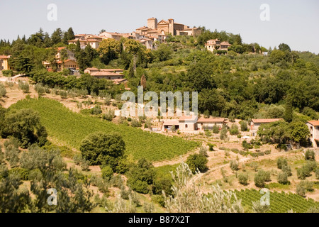 Una veduta dei vigneti e della cantina del Castello di Verrazzano, dove explorer Giovanni da Verrazzano fu nato vicino a Firenze. Foto Stock