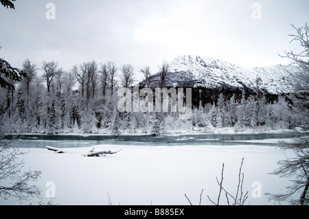 Coperta di neve alberi Creek e Picco accanto a Sterling Highway Kenai National Wildlife Refuge Alaska Foto Stock