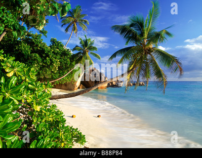 Anse Source d Argent su La Digue Island alle Seychelles Foto Stock