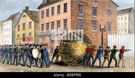 Tippecanoe processione durante la William Henry Harrison della campagna presidenziale 1840. Colorate a mano la xilografia Foto Stock