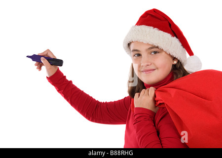 Bellissima ragazza con il cappello di Natale la scrittura su una su sfondo bianco Foto Stock