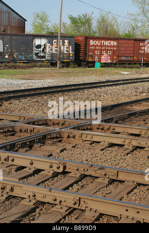 I binari della ferrovia Cross Marion Ohio nota cranio graffiti pittura su box auto Foto Stock