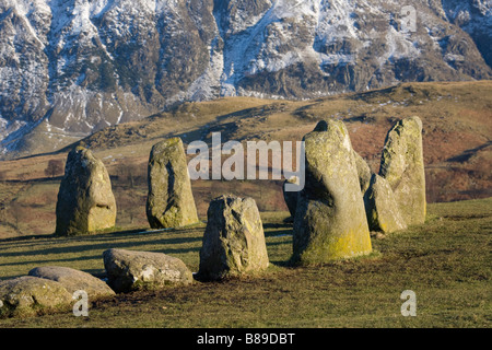 Castlerigg Stone Circle, Keswick, Cumbria, pietre in piedi, paesaggio roccioso, monumenti preistorici del Lake District, Gran Bretagna. Inghilterra. REGNO UNITO Foto Stock