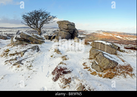 La neve pesante colpisce il South Devon, Dartmoor ricoperta di neve Foto Stock