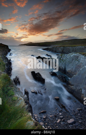 Tramonto a testa Dooneen con le pecore al di là della testa, Bantry Bay, County Cork, Irlanda Foto Stock