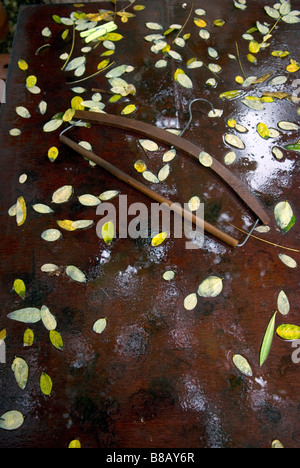In legno tradizionali appendiabiti giace sul suo lato sotto la pioggia su un tavolo circondato da foglie cadute, Foto Stock